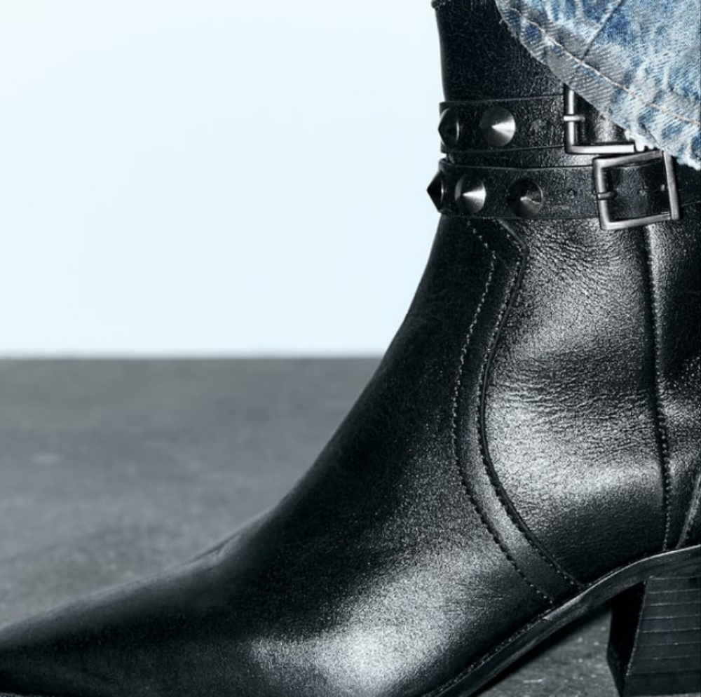 Zara Leather strap studded Cowboy Ankle Boots - Picture 4 of 14
